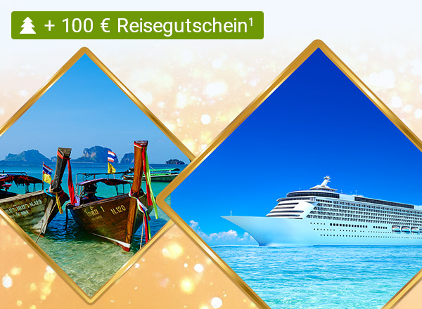 Zwei viereckige Bildausschnitte, die das Meer zeigen. Auf dem linken Bildausschnitt sind zusätzlich zwei alte Fischerboote zu sehen und auf dem rechten Bildausschnitt ein Kreuzfahrtschiff.