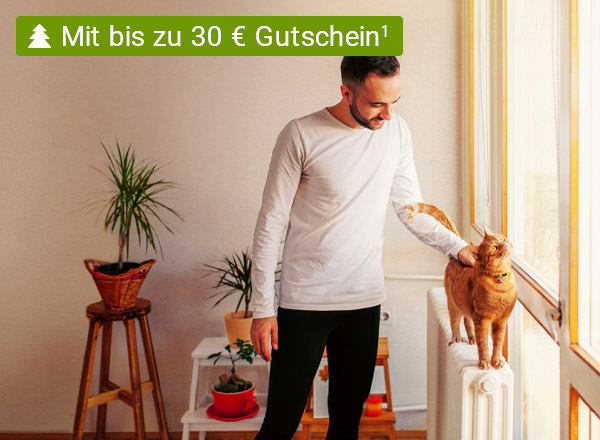 Ein Mann streichelt eine Katze, die auf einer Heizung steht. Im Hintergrund sind die Umrisse eines Wohnzimmers erkennbar.