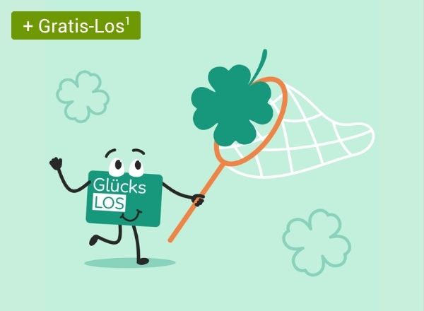 Ein gezeichnetes „Glücks‑Los“ fängt mit einem Kescher ein vierblättriges Kleeblatt; oben steht „+ Gratis‑Los¹“ und das Aktion‑Mensch‑Logo.