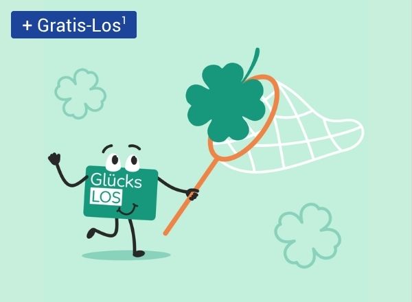 Ein gezeichnetes „Glücks‑Los“ fängt mit einem Kescher ein vierblättriges Kleeblatt; oben steht „+ Gratis‑Los¹“ und das Aktion‑Mensch‑Logo.