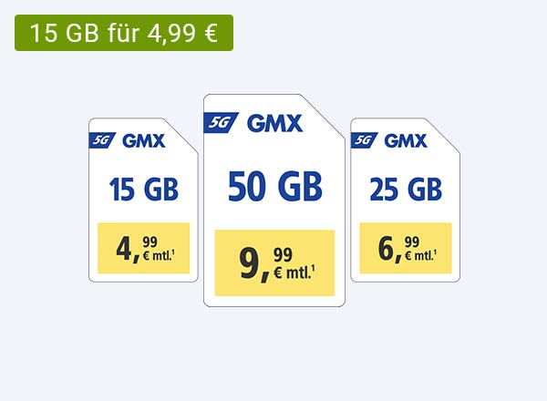 GMX 5G-Tarife: 15 GB für 4,99 €, 25 GB für 6,99 €, 50 GB für 9,99 € monatlich.¹