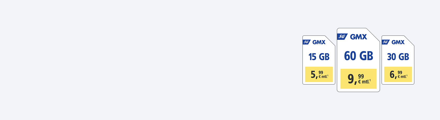 GMX 5G-Tarife: 15 GB für 5,99 €, 30 GB für 6,99 €, 60 GB für 9,99 € monatlich.¹