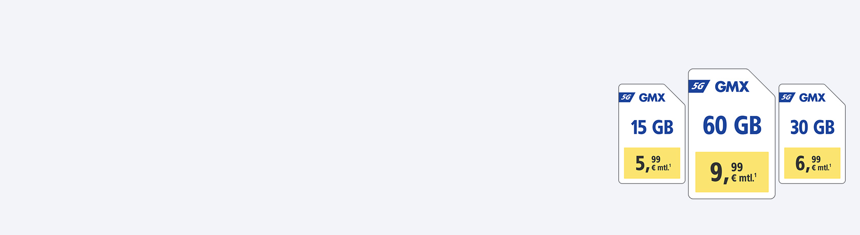 GMX 5G-Tarife: 15 GB für 5,99 €, 30 GB für 6,99 €, 60 GB für 9,99 € monatlich.¹