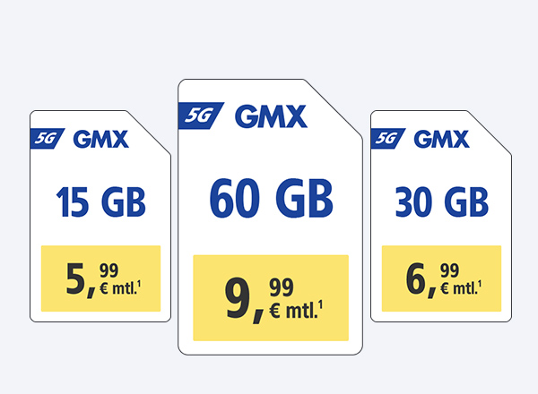 GMX 5G-Tarife: 15 GB für 5,99 €, 30 GB für 6,99 €, 60 GB für 9,99 € monatlich.¹