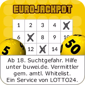 Ein gelb weißer Lottozettel mit einem Zahlenfeld und zwei gelbe Lotto-Kugeln mit schwarzen Zahlen auf der rechten und linken Seite. Über dem Zahlenfeld ist das Logo EUROJACKPOT zu sehen. Am unteren Bildrand ist der Suchthinweis "Ab. 18. Suchtgefahr. buwei.de. Vermittler gemäß amtlicher Whitelist. Ein Service von Lotto24" zu sehen.