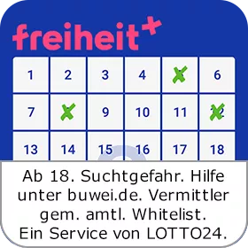 Ein weißes Zahlenfeld auf dunkelblauen Hintergrund. Oberhalb befindet sich das rote freiheit+ Logo und am unteren Bildrand der Suchthinweis "Ab. 18. Suchtgefahr. buwei.de. Vermittler gemäß amtlicher Whitelist. Ein Service von Lotto24"