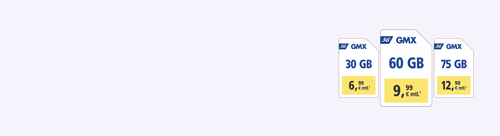 GMX 5G-Tarife: 30 GB für 6,99 €, 60 GB für 9,99 €, 75 GB für 12,99 € monatlich.¹