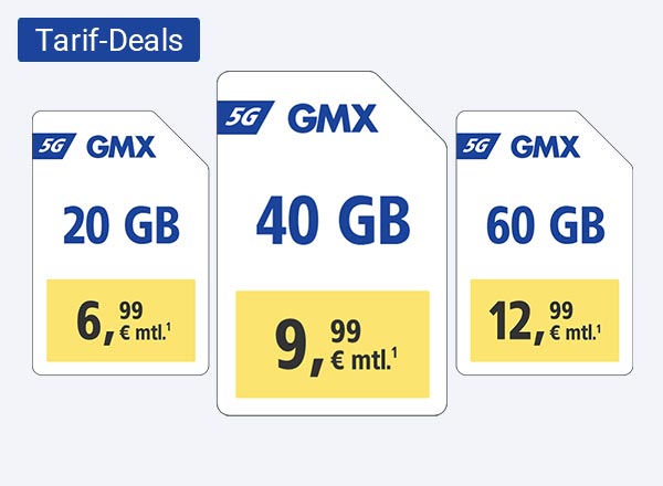 GMX 5G-Tarife: 20 GB für 6,99 €, 40 GB für 9,99 €, 60 GB für 12,99 € monatlich.¹