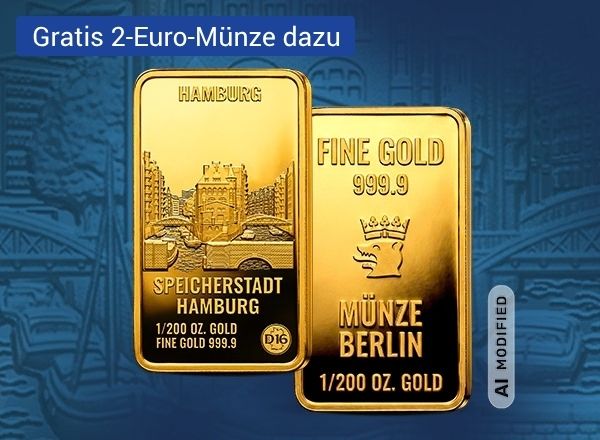 Zwei goldene Barren mit Prägungen von Hamburgs Speicherstadt und Münze Berlin sowie zwei Euro-Münzen mit Hamburger Motiv. Links oben in der Ecke befindet sich der Text Gratis 2-Euro-Münze