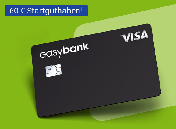 Schwarze Kreditkarte vor grünem Hintergrund mit Muster und Text '60 € Startbonus¹'