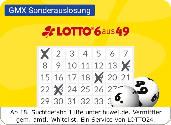 Ein gelb weißer Lottozettel mit einem Zahlenfeld und zwei gelbe Lotto-Kugeln mit schwarzen Zahlen auf der rechten und linken Seite. Über dem Zahlenfeld ist das Logo EUROJACKPOT zu sehen. Am unteren Bildrand ist der Suchthinweis "Ab. 18. Suchtgefahr. buwei.de. Vermittler gemäß amtlicher Whitelist. Ein Service von Lotto24" zu sehen.