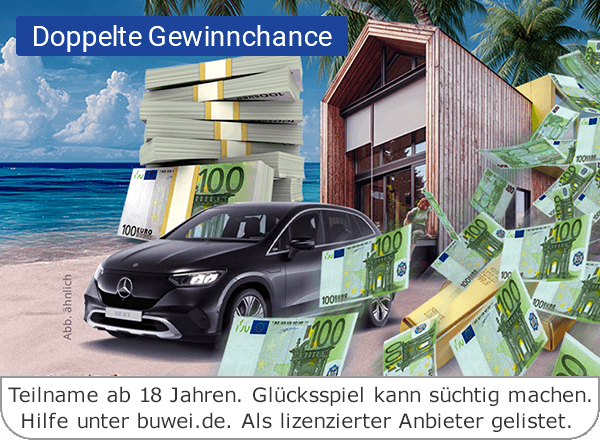 Ein schwarzer Mercedes SUV steht vor einem modernen Haus am Strand, umgeben von Stapeln und umherfliegenden 100‑Euro‑Scheinen sowie Palmen und Meer im Hintergrund.