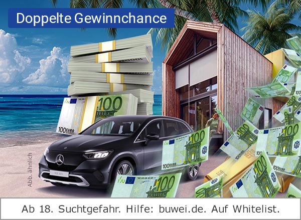 Ein schwarzer Mercedes SUV steht vor einem modernen Haus am Strand, umgeben von Stapeln und umherfliegenden 100‑Euro‑Scheinen sowie Palmen und Meer im Hintergrund.