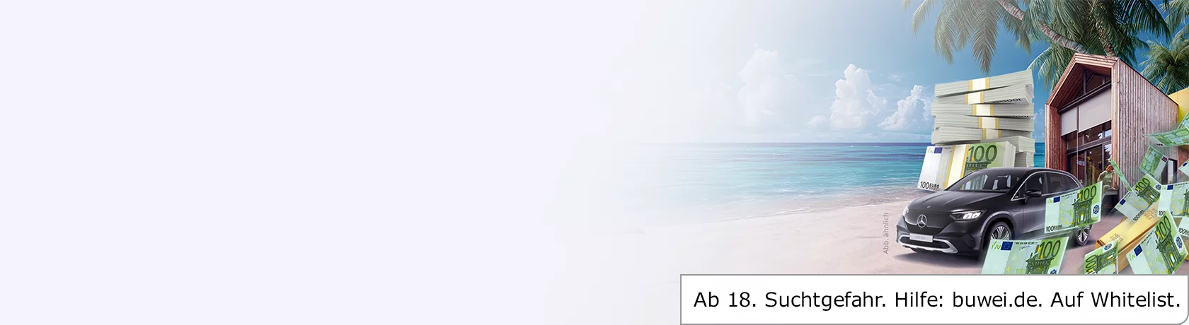 Ein schwarzer Mercedes SUV steht vor einem modernen Haus am Strand, umgeben von Stapeln und umherfliegenden 100 Euro Scheinen sowie Palmen und Meer im Hintergrund.