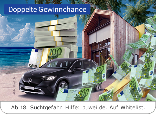 Ein schwarzer Mercedes SUV steht vor einem modernen Haus am Strand, umgeben von Stapeln und umherfliegenden 100‑Euro‑Scheinen sowie Palmen und Meer im Hintergrund.