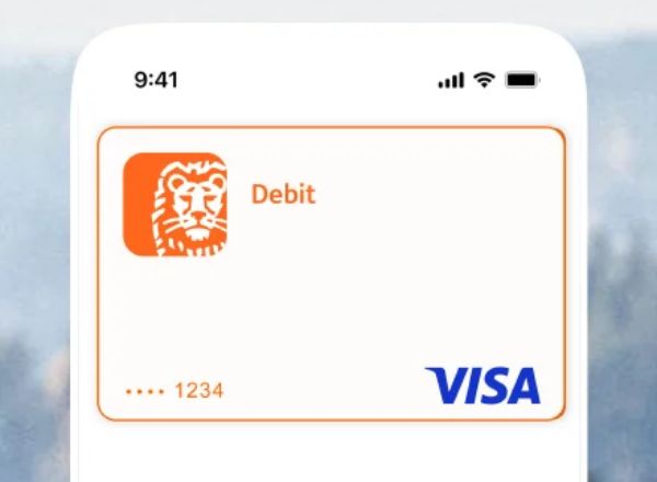 Smartphone-Anzeige mit Visa-Debitkarte, ING-Logo und teilweise verdeckter Kartennummer.