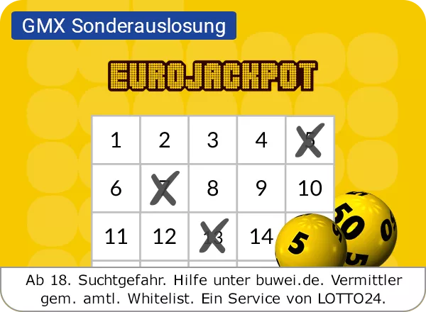 Ein gelb weißer Lottozettel mit einem Zahlenfeld und zwei weiße Lotto-Kugeln mit schwarzen Zahlen auf der rechten und linken Seite. Über dem Zahlenfeld ist das Logo von Lotto und dem Schriftzug 6 aus 49 zu sehen. Am unteren Bildrand ist der Suchthinweis "Ab. 18. Suchtgefahr. buwei.de. Vermittler gemäß amtlicher Whitelist. Ein Service von Lotto24" zu sehen.
