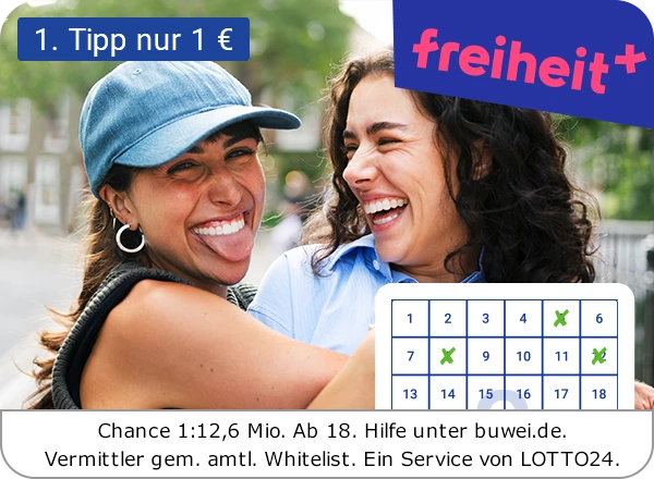 Zwei lachende Frauen umarmen sich; „freiheit+“ und Kalendergrafik mit Hinweisen.