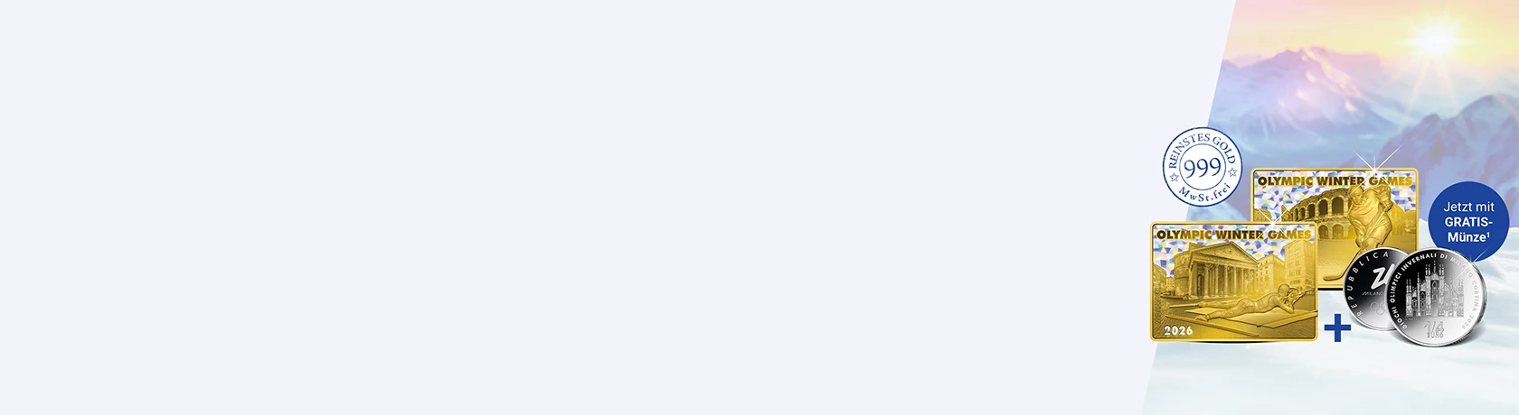 Zwei Goldbarren mit Prägungen mit olympischen Wintermotiven und eine silberne Gratis-Münze mit Dom-Motiv