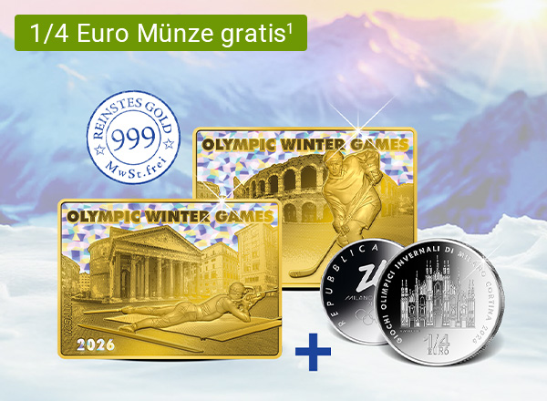Zwei Goldbarren mit Prägungen mit olympischen Wintermotiven und eine silberne Gratis-Münze mit Dom-Motiv