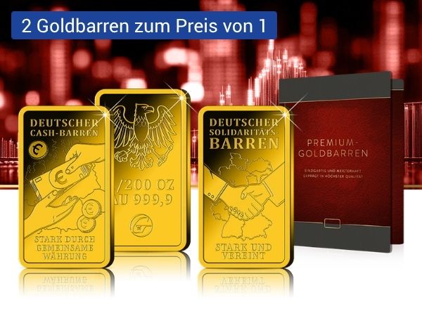 3 Deutsche Staatsgoldbarren und eine rote Verpackung für Premium Goldbarren auf weiß rotem Hintergrund