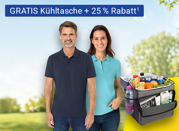 Ein Mann und eine Frau gekleidet in Sommerpolos stehen in der Natur mit einer gefüllten Kühltasche und Störer "GRATIS Kühltasche + 25 % Rabatt"