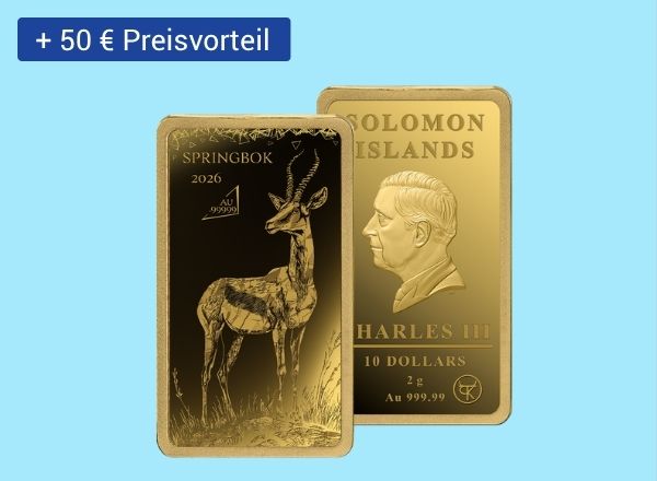 Zwei 2g Goldbarren aus 99999 Gold zum einen geprägt durch einen Streinbock und zum anderen geprägt durch ein Portrait von Charls III