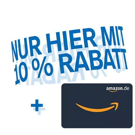 Blauer Text "Nur hier mit 10 % Rabatt", der rotierend wirkt mit Chip-Text "Mit 30 € Amazon.de-Gutschein¹"