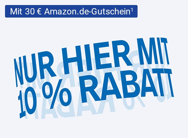 Blauer Text "Nur hier mit 10 % Rabatt", der rotierend wirkt mit Chip-Text "Mit 30 € Amazon.de-Gutschein¹"
