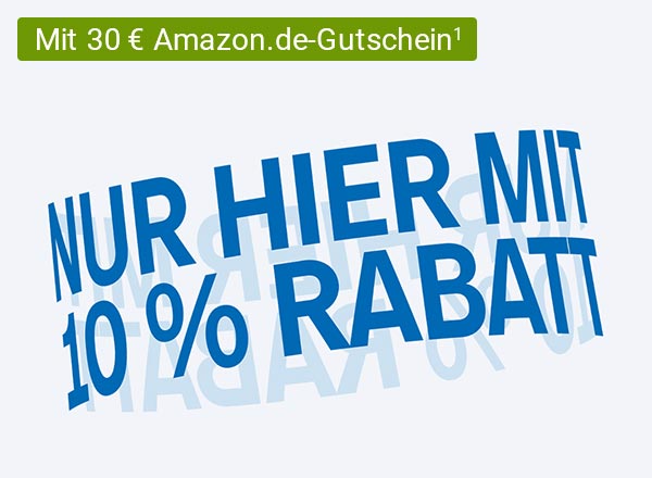 Blauer Text "Nur hier mit 10 % Rabatt", der rotierend wirkt mit Chip-Text "Mit 30 € Amazon.de-Gutschein¹"