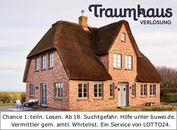 Lotto Traumhaus: Teilnahme ab 18 Jahren. Spielen kann süchtig machen. Hilfe: buwei.de. Vermittlung durch LOTTO24 (Whitelist).