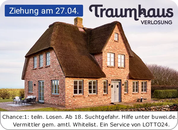 Lotto Traumhaus: Teilnahme ab 18 Jahren. Spielen kann süchtig machen. Hilfe: buwei.de. Vermittlung durch LOTTO24 (Whitelist).