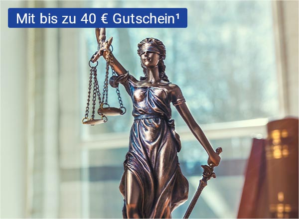 Justitia, die Göttin der Gerechtigkeit, ist als Bronzefigur abgebildet. Im Hintergrund sieht man schemenhaft ein Arbeitszimmer mit einigen Gesetzesbüchern rechts.