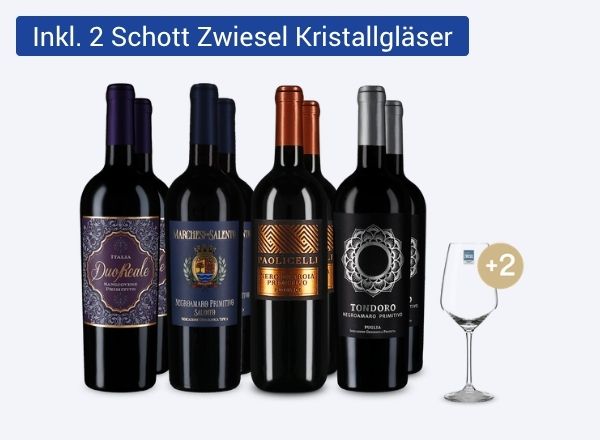 Vier Flaschen Primitivo-Wein mit unterschiedlichen Etiketten und ein Weinglas daneben, worüber ein Sticker abgebildet ist mit dem Text +2. Links oben in der Ecke befindet sich der Text Über 50 % Rabatt sichern
