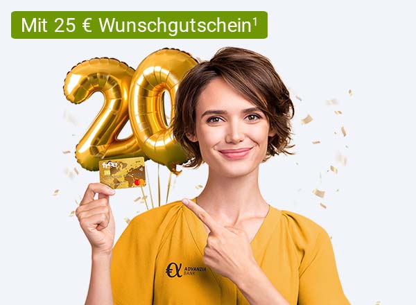 Eine lächelnde Frau in gelbem Kleid hält in der rechten Hand eine Kreditkarte. Im Hintergrund regnet es Konfetti und dort schweben goldene Luftballons in Form der Zahl 20. Im Vordergrund wird ein 25 € Shoppinggutschein von Wunschgutschein abgebildet.