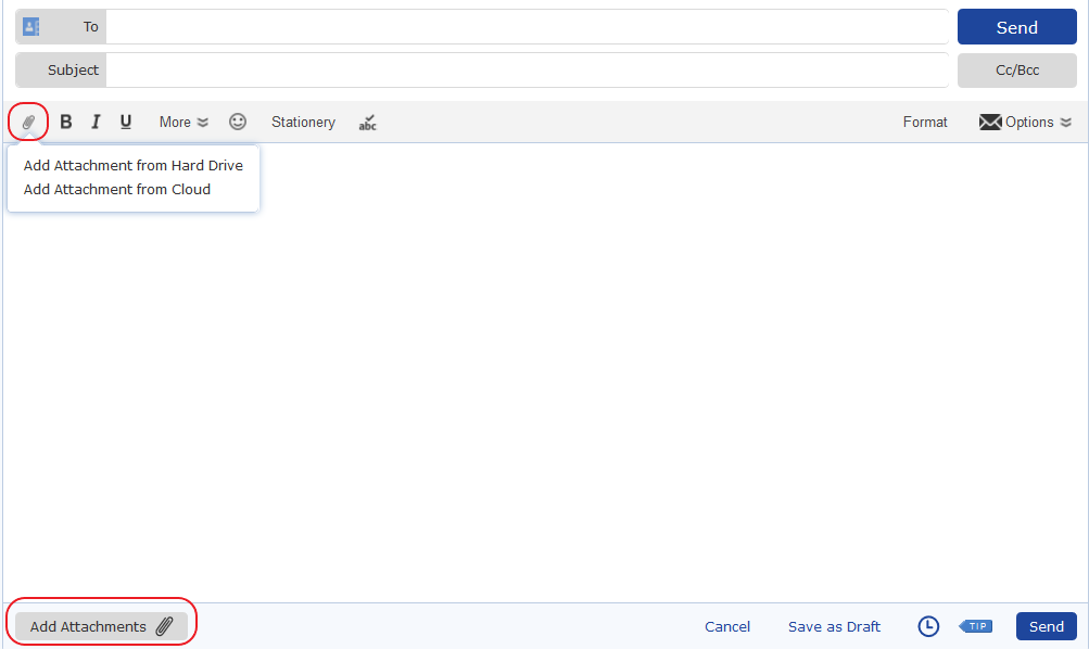 Screenshot of mail.com "Compose E-mail" window showing where to add an attachment