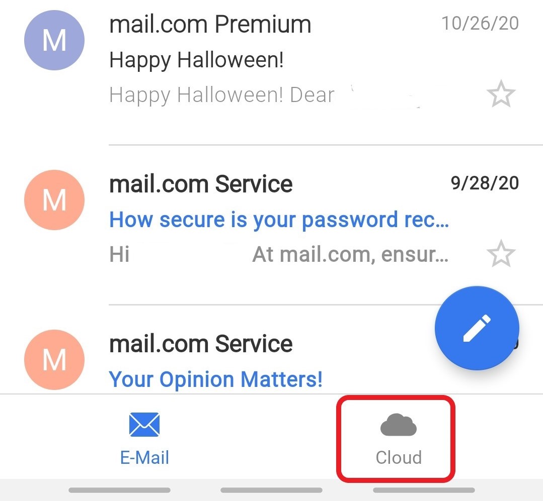 Screenshot of Cloud tab in Mail App for Android