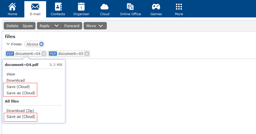 Screenshot showing how to save an attachment to the mail.com Cloud