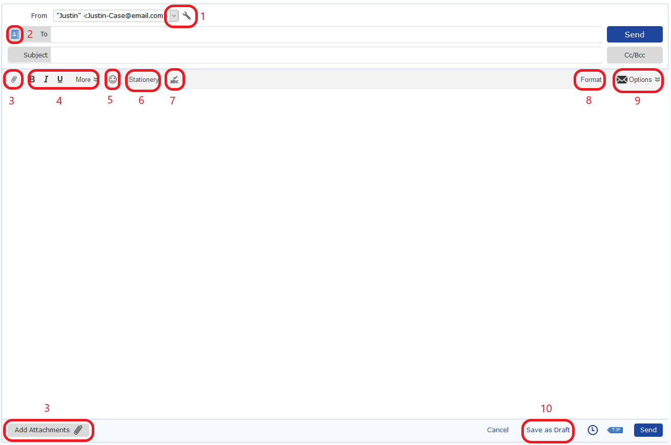 Screenshot of the Compose E-mail window with 10 functions circled and numbered