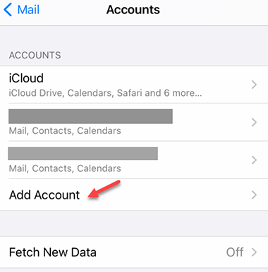 Screenshot of email Accounts settings in iPhone