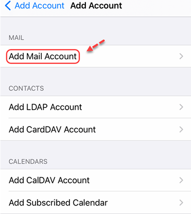 Screenshot of Add Account settings in iPhone