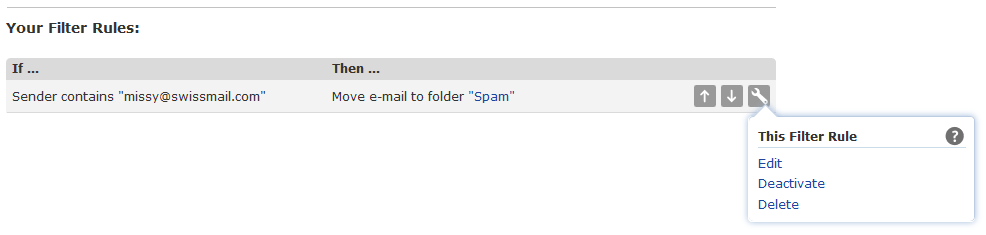 screenshot showing how to edit, deactivate or delete an email filter rule