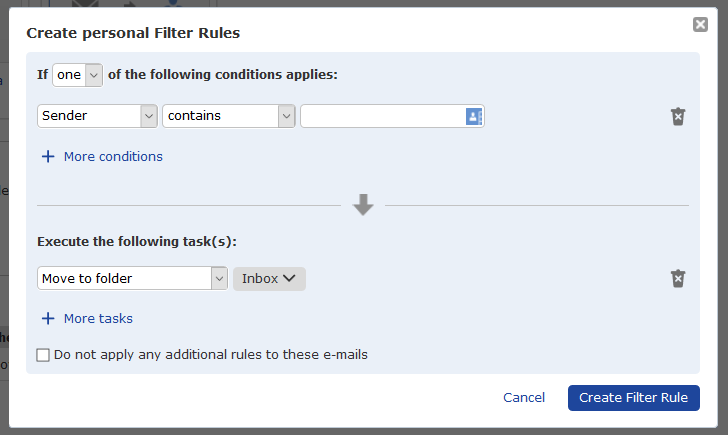 screenshot showing options for customizing email filters