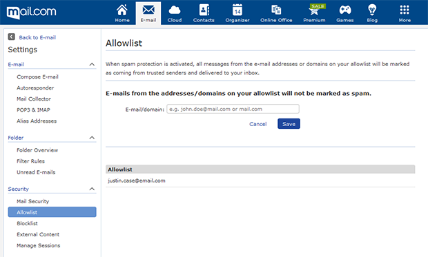 Screenshot of email address saved to allowlist