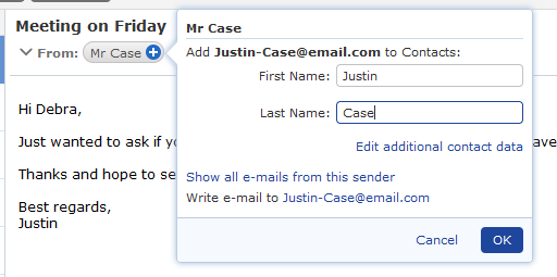 Screenshot of sender mail being saved to contacts