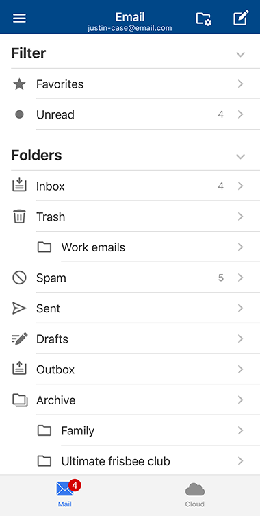 screenshot of email inbox in mail.com app for iOS