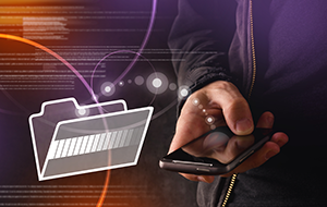 Hand with mobile smartphone transferring files to archive folder