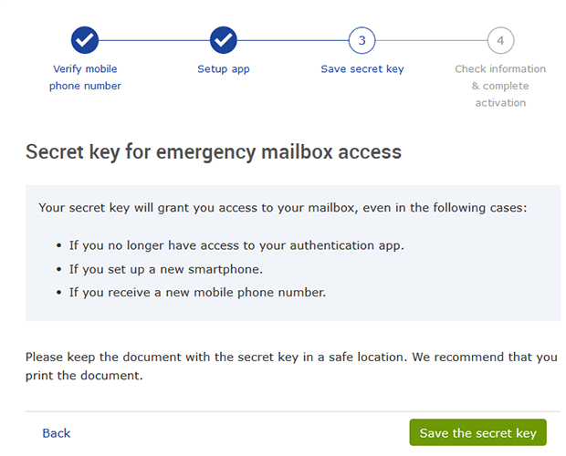 Screenshot of secret key creation screen in 2FA activation process