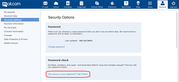 Screenshot of security options in mail.com account