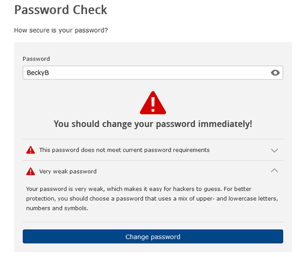 Screenshot of weak password in mail.com password check